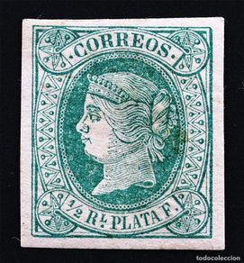 Sellos: Isabel II - 1/2 Real de plata 1864. Antillas. Nuevo, sin dentar, Goma original